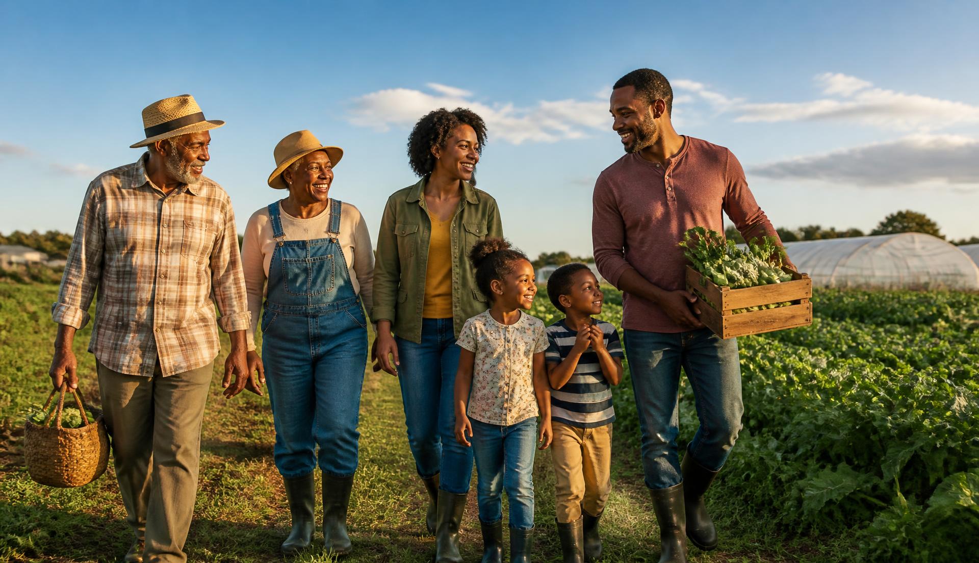 Three generations of a Black farming family walking together beside their green farmland in warm afternoon light