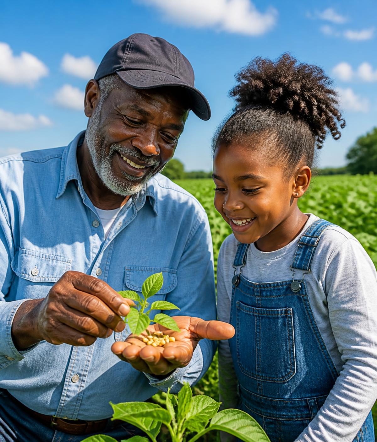 An older Black farmer showing his granddaughter healthy seeds and a young plant in a sunlit field