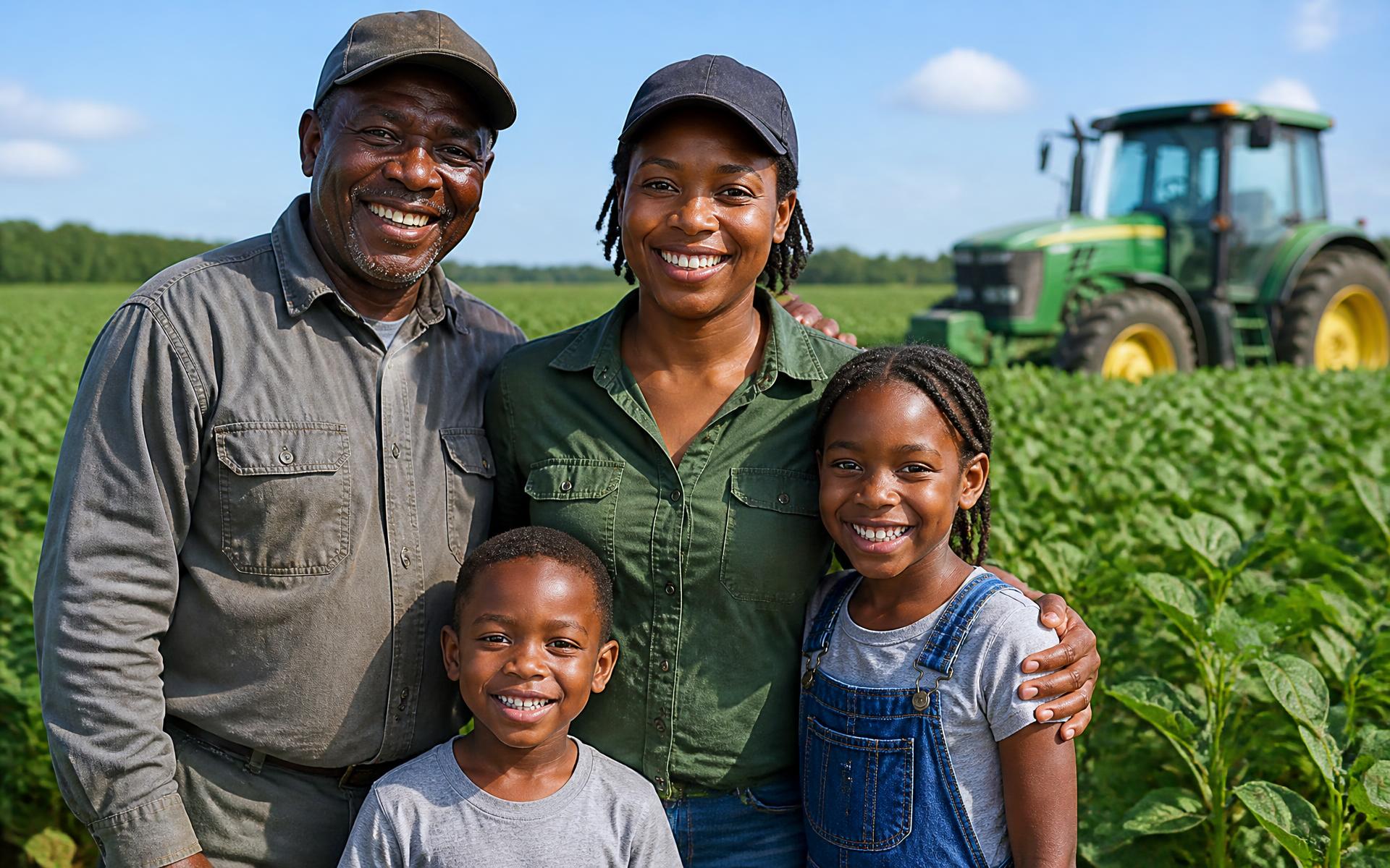 A Black farming family of three generations standing together in their green field on a bright sunny day