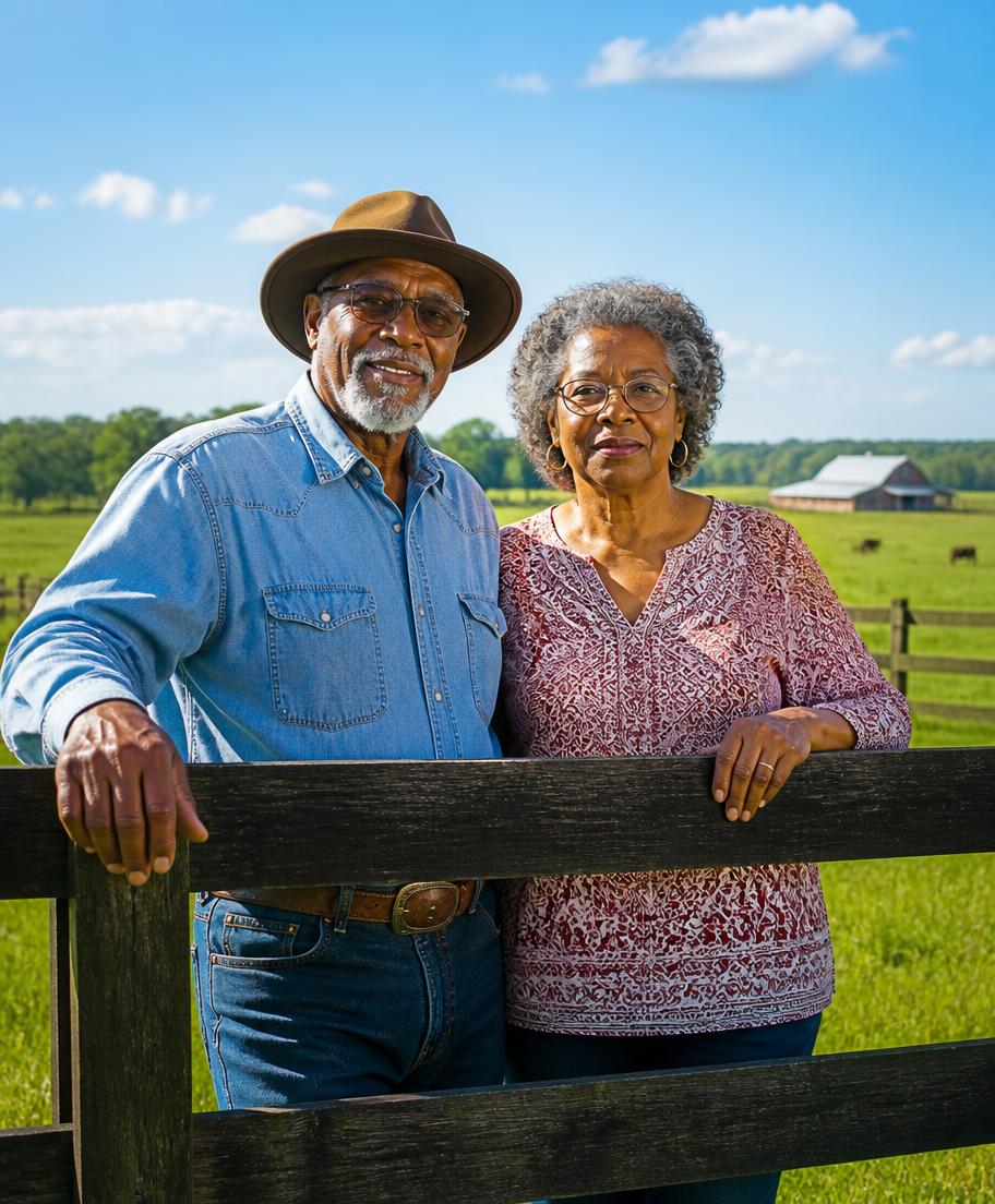 An older Black couple standing proudly at the edge of the farmland their family has worked for generations